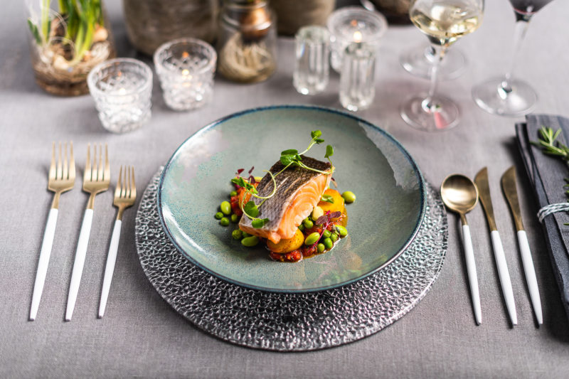 Roast Scottish salmon fillet, tomato piperade, saffron potatoes, fresh peas and broad beans