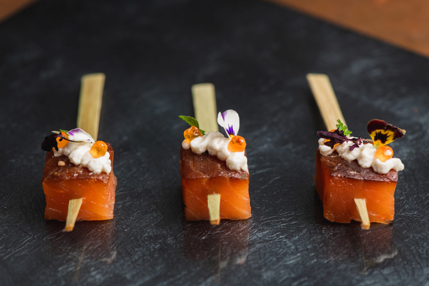 treacle cured salmon, horseradish cream cheese, keta caviar canapé by moving venue caterers