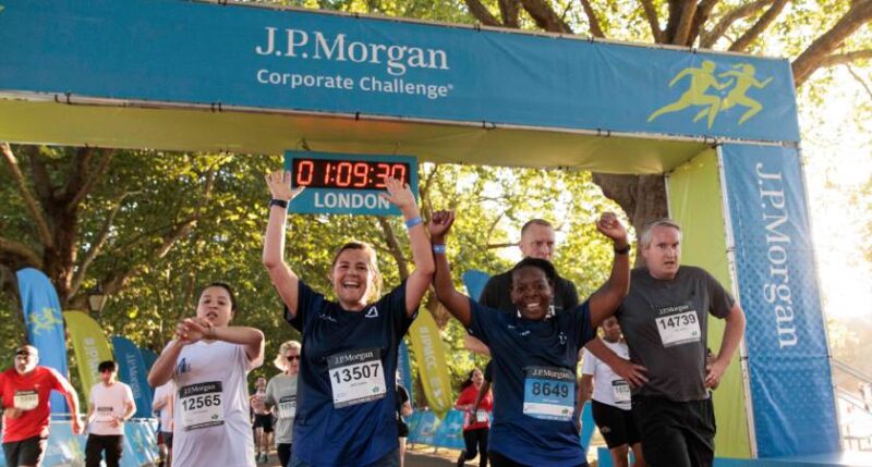 JP Morgan Corporate Challenge finish line at Evolution London 2025